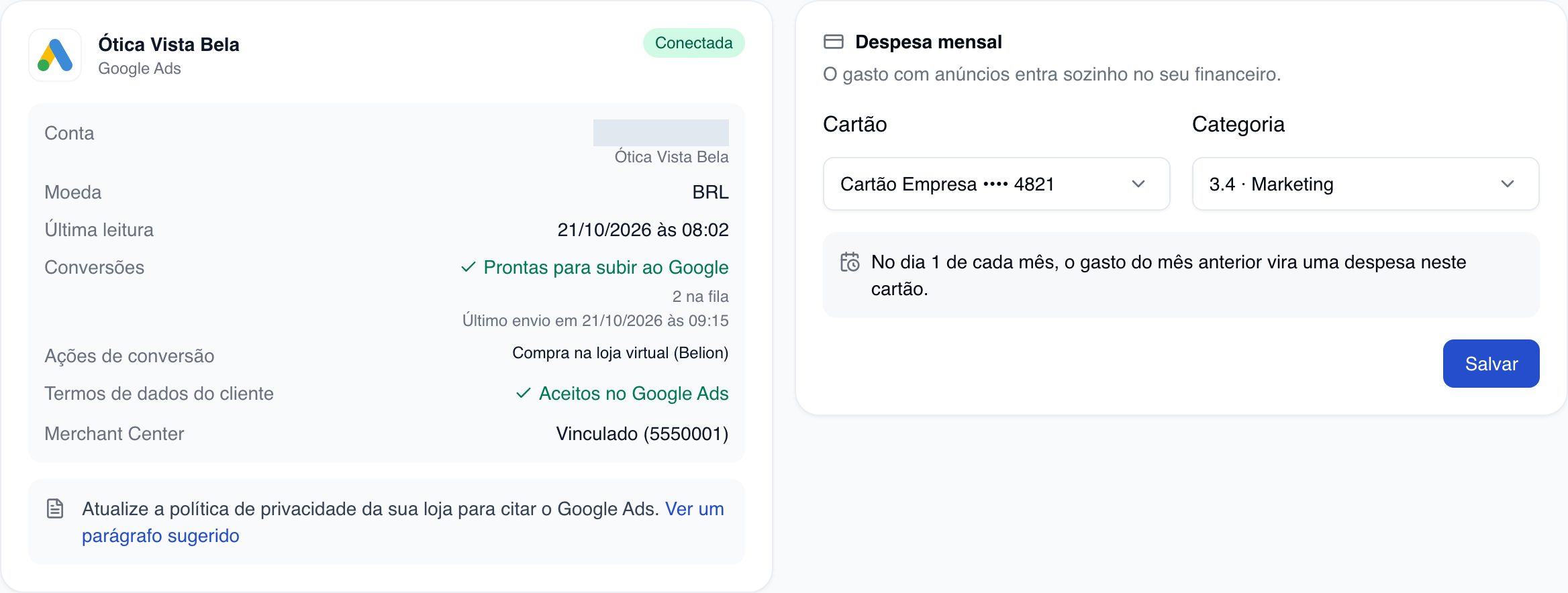 Aba Contas de Marketing → Anúncios: à esquerda a conta Google Ads conectada (número tapado), com conversões, ações de conversão, termos aceitos, Merchant Center vinculado e o lembrete da política de privacidade; à direita o card Despesa mensal com o cartão e a categoria Marketing