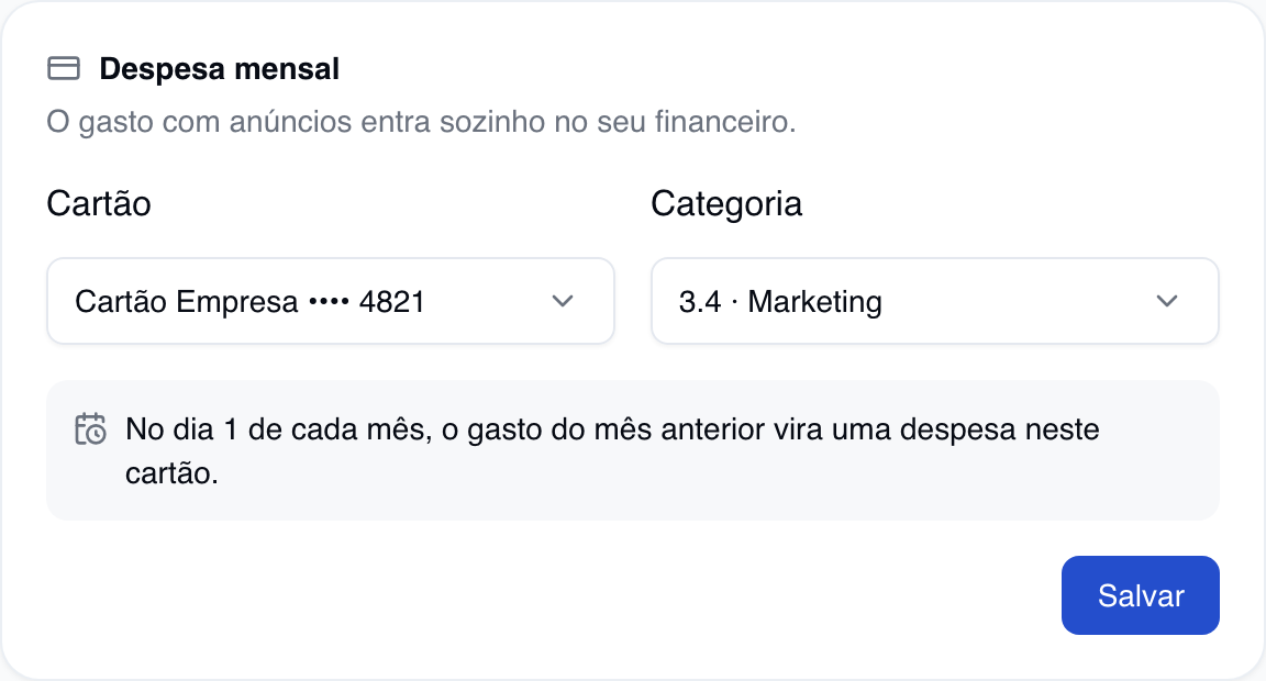 Card Despesa mensal com o Cartão Empresa escolhido, a categoria Marketing e a frase No dia 1 de cada mês, o gasto do mês anterior vira uma despesa neste cartão