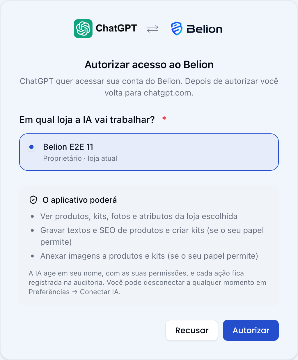 Tela de autorização do conector, com a escolha da loja