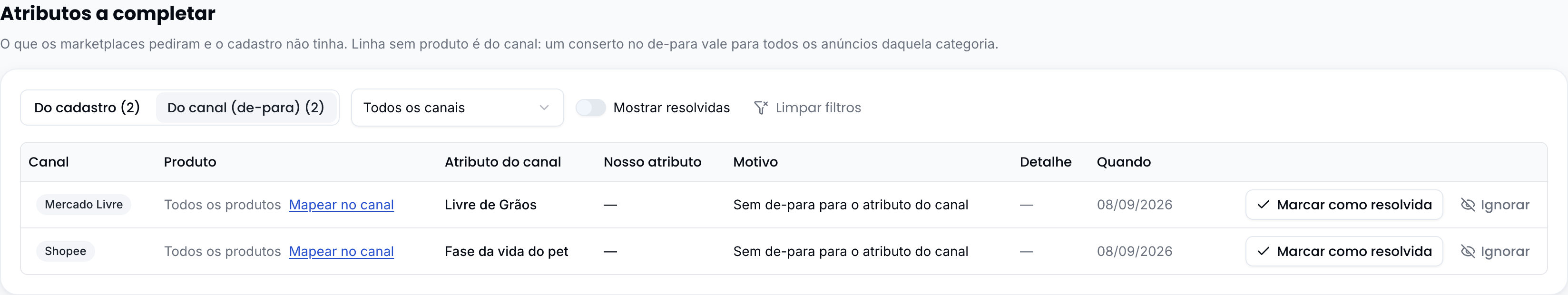 Recorte "Do canal", com o link para mapear no marketplace