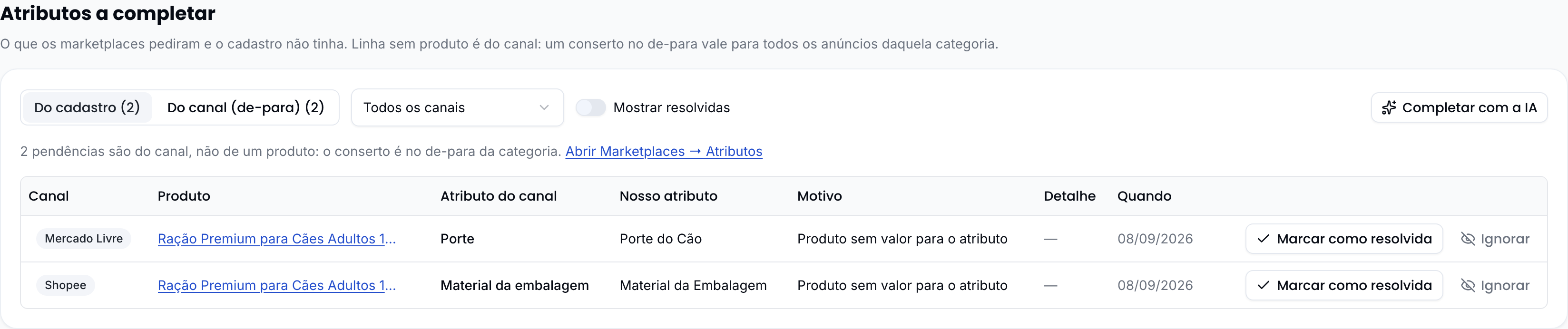Fila "Atributos a completar", com o botão Completar com a IA