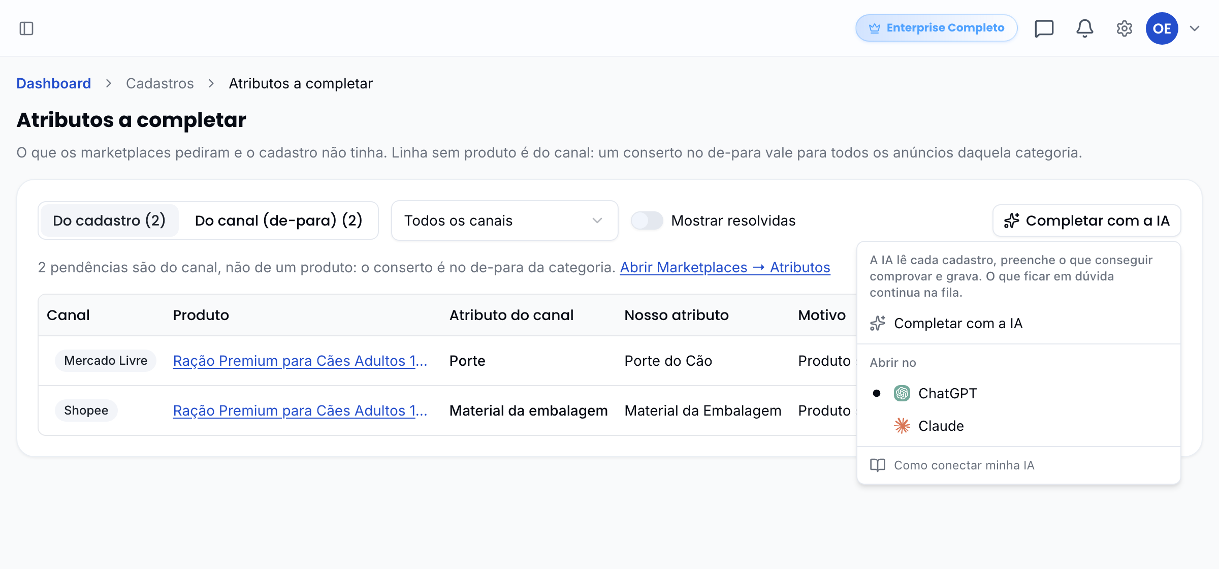 Menu do botão, com a explicação e a escolha do aplicativo