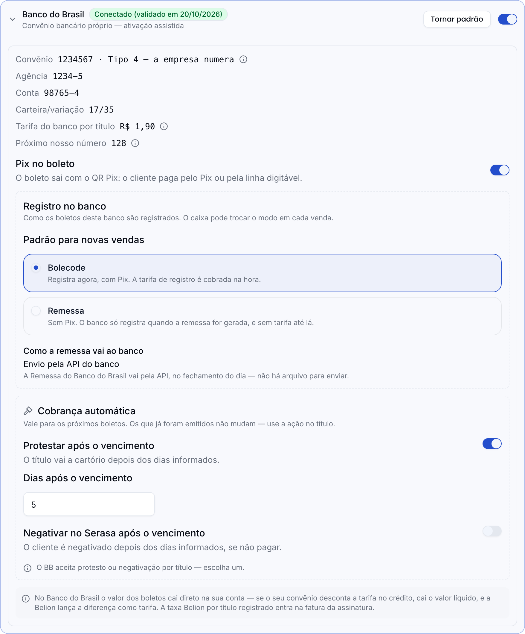 Card Banco do Brasil conectado: convênio tipo 4, agência, conta, carteira 17/35, tarifa por título e o próximo nosso número só para leitura; Pix no boleto ligado; Registro no banco com Bolecode e Remessa e o envio pela API do banco; e a Cobrança automática com Protestar após o vencimento ligado em 5 dias