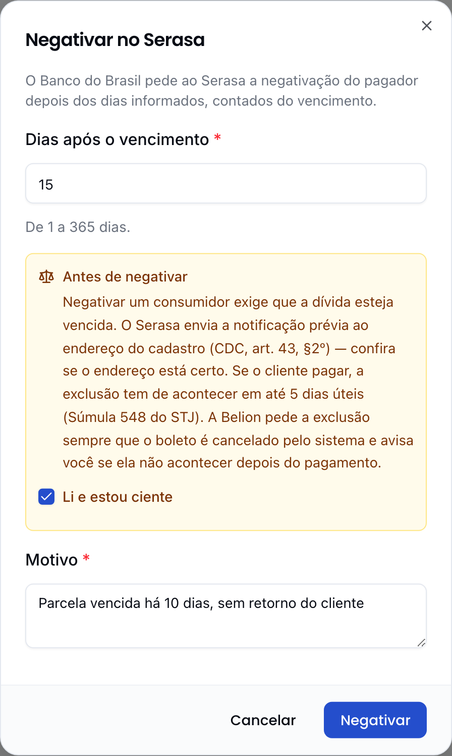 Janela Negativar no Serasa de um título com pagador CPF: os dias após o vencimento, o aviso Antes de negativar com o texto do CDC e da Súmula 548 do STJ, a caixa Li e estou ciente marcada e o motivo obrigatório