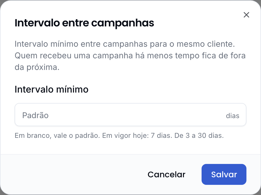 Janela Intervalo entre campanhas com o campo Intervalo mínimo em branco e a dica Em branco, vale o padrão. Em vigor hoje: 7 dias. De 3 a 30 dias