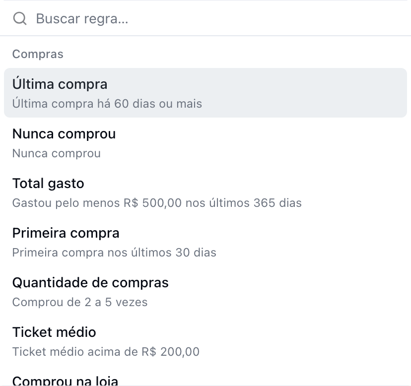 Lista de regras aberta, com a busca Buscar regra… e a família Compras: Última compra, Nunca comprou, Total gasto, Primeira compra, Quantidade de compras e Ticket médio, cada uma com uma frase de exemplo