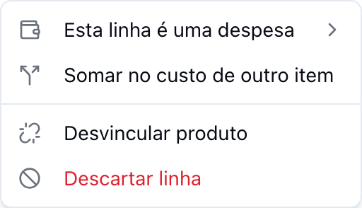 Menu de ações da linha, com as opções de despesa e de absorção