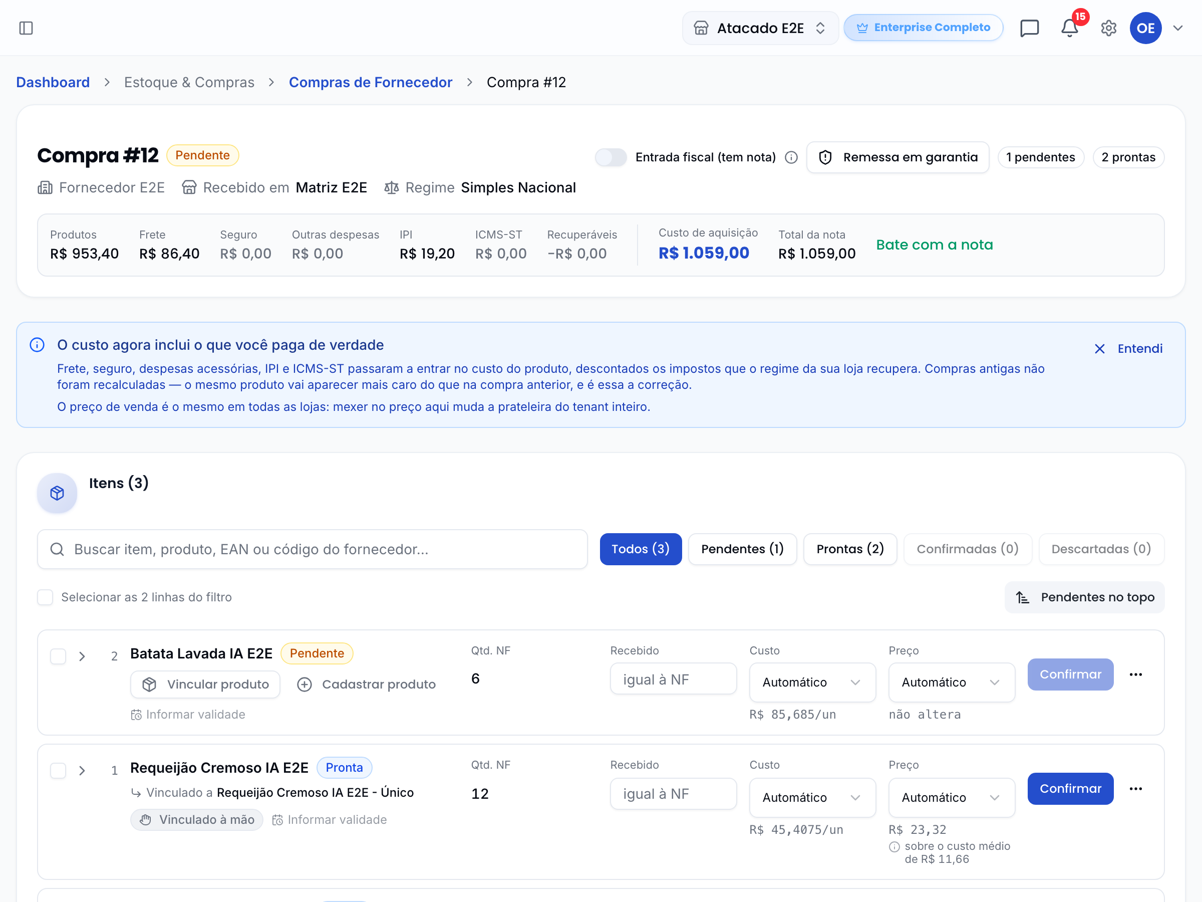 Conferência de entrada, com a decomposição do custo no topo e as três linhas da nota