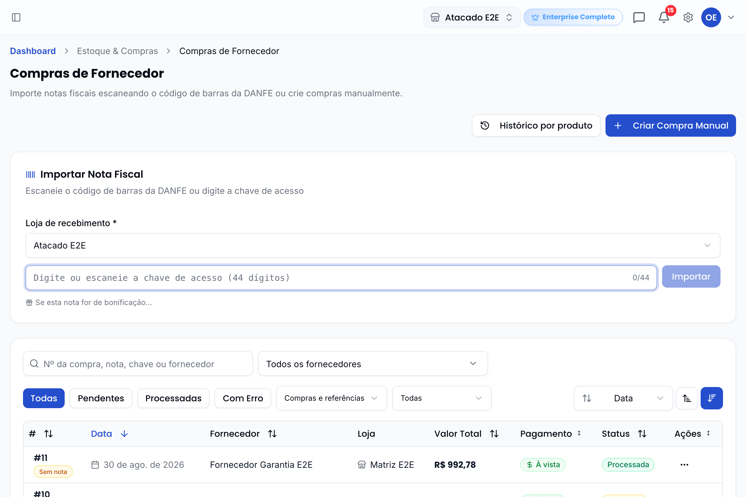 Lista de compras de fornecedor