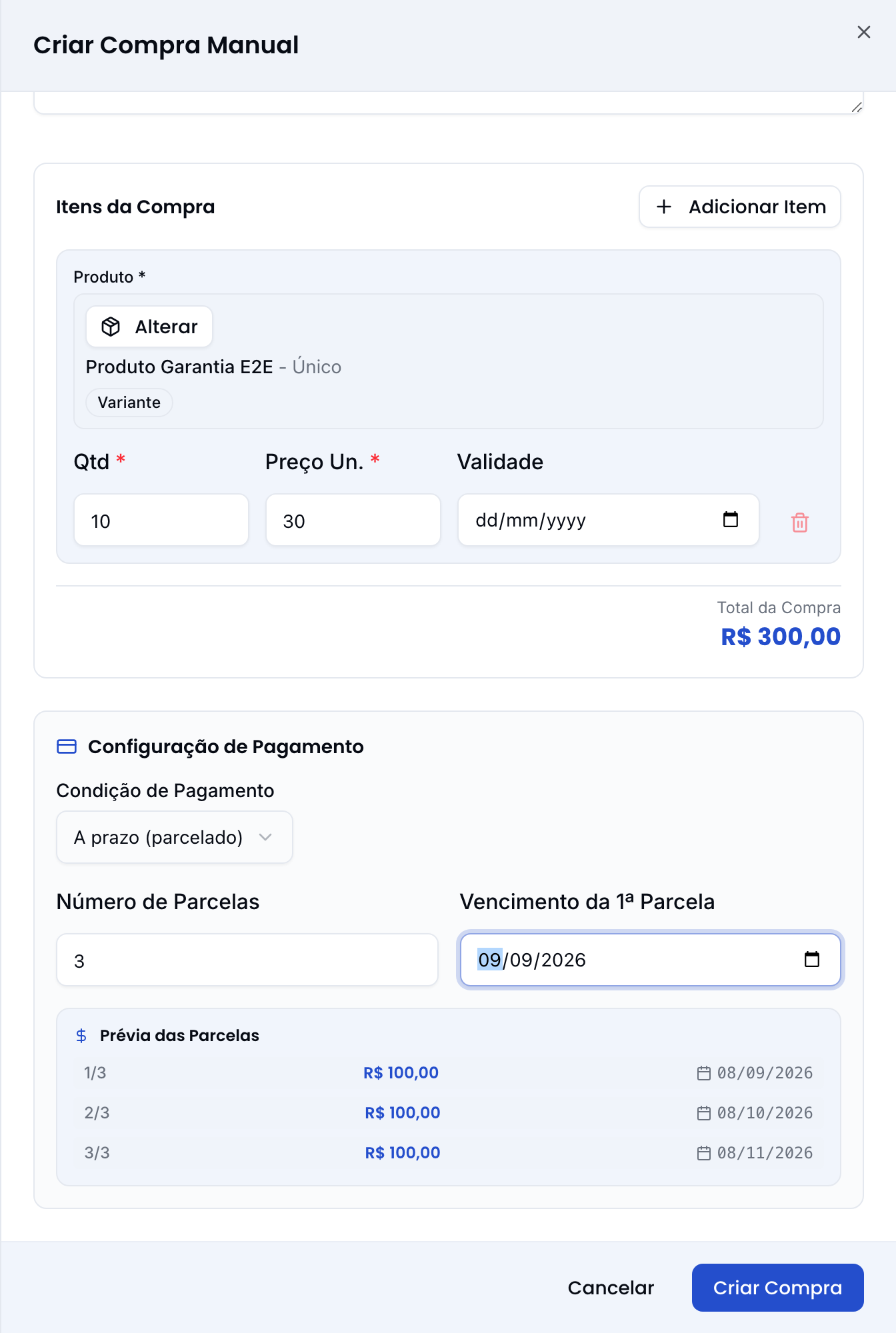 Formulário de compra manual, com itens e a prévia das parcelas