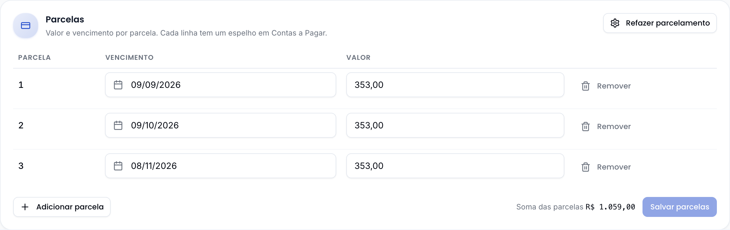 Editor de parcelas, com valor e vencimento por linha