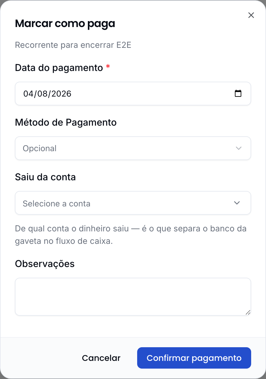 Diálogo de baixa da parcela com o campo "Saiu da conta"