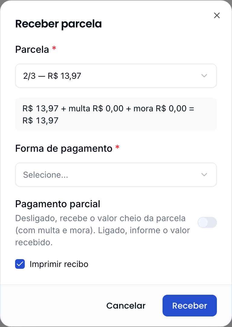 Recebimento de parcela com a quebra de valor, multa e mora antes de confirmar