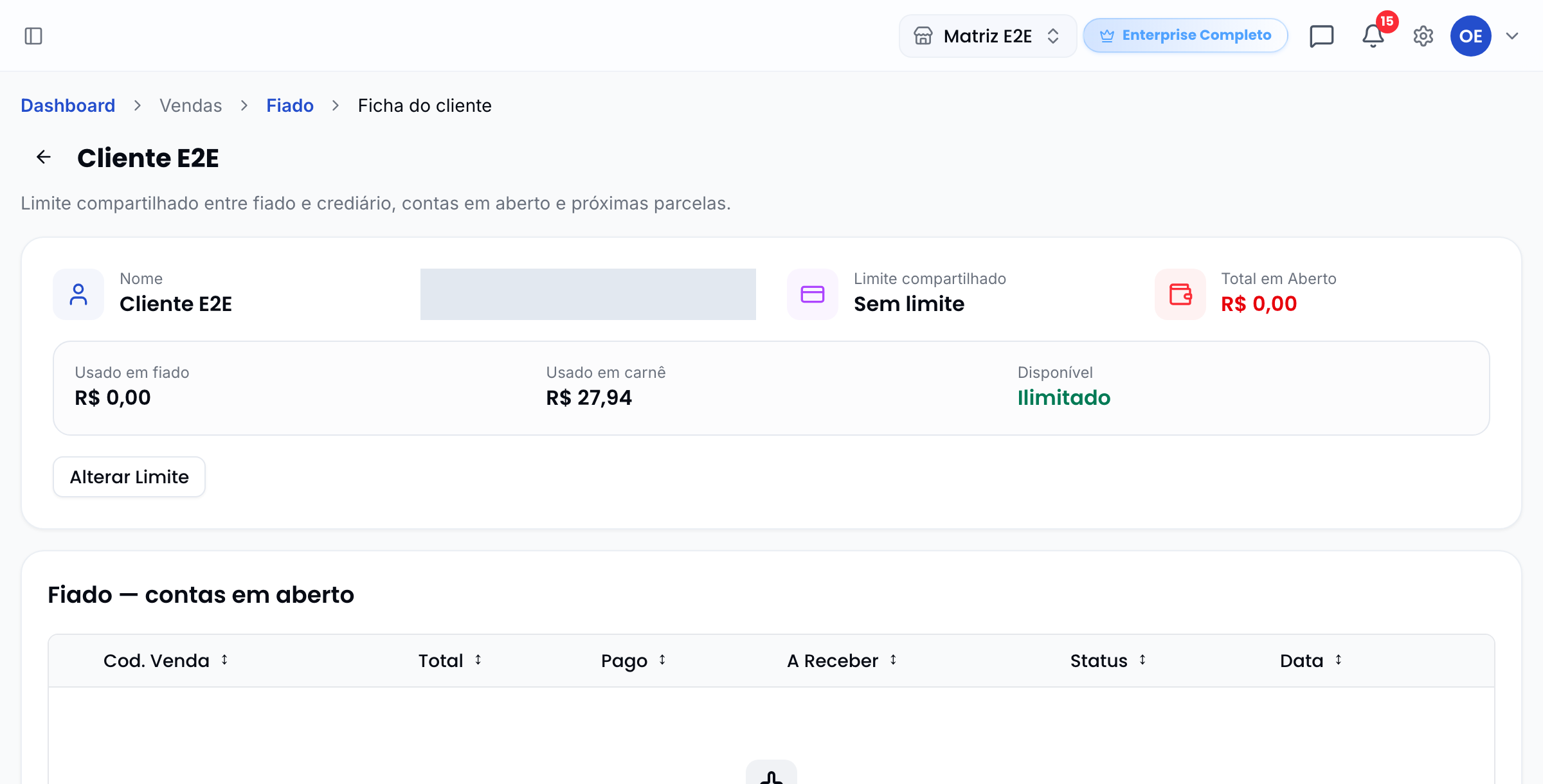 Ficha de crédito do cliente com limite compartilhado, usado em fiado, usado em carnê e disponível