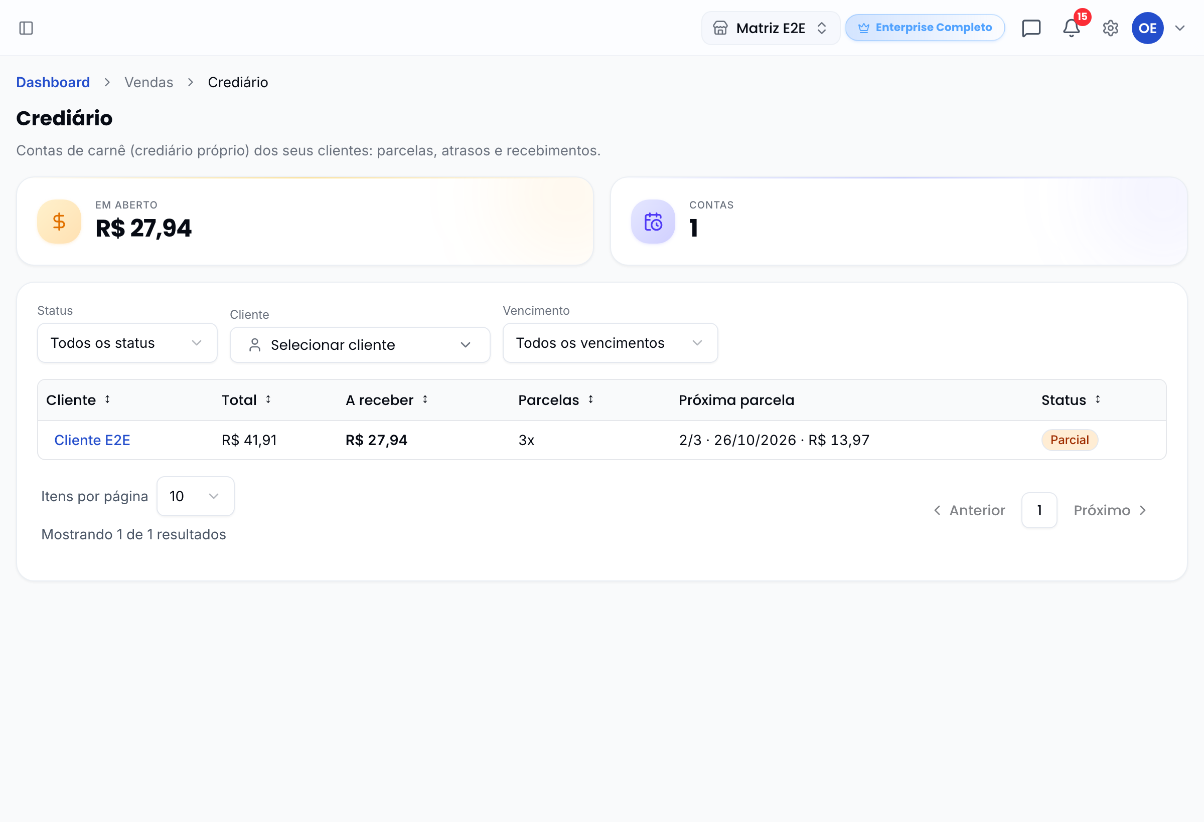 Lista de contas de carnê com o total em aberto, filtros e a próxima parcela de cada conta