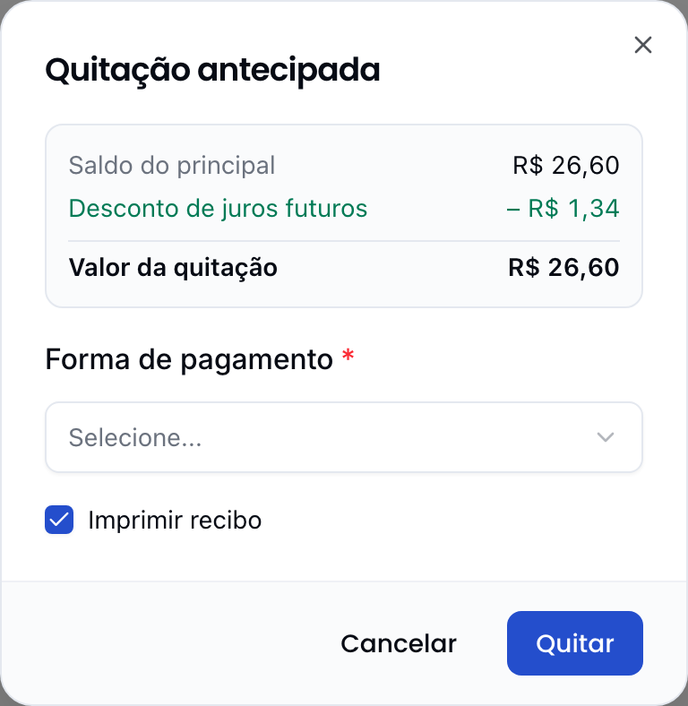 Quitação antecipada com saldo do principal, desconto dos juros futuros e valor final