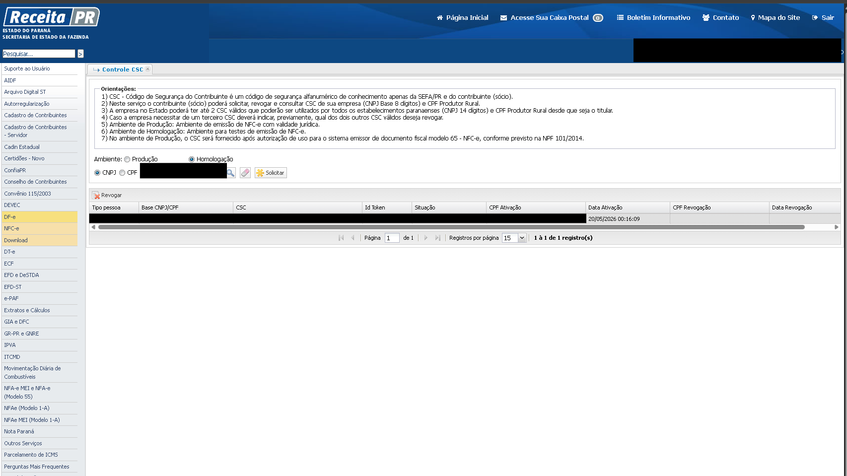 Tela Controle CSC no Receita PR