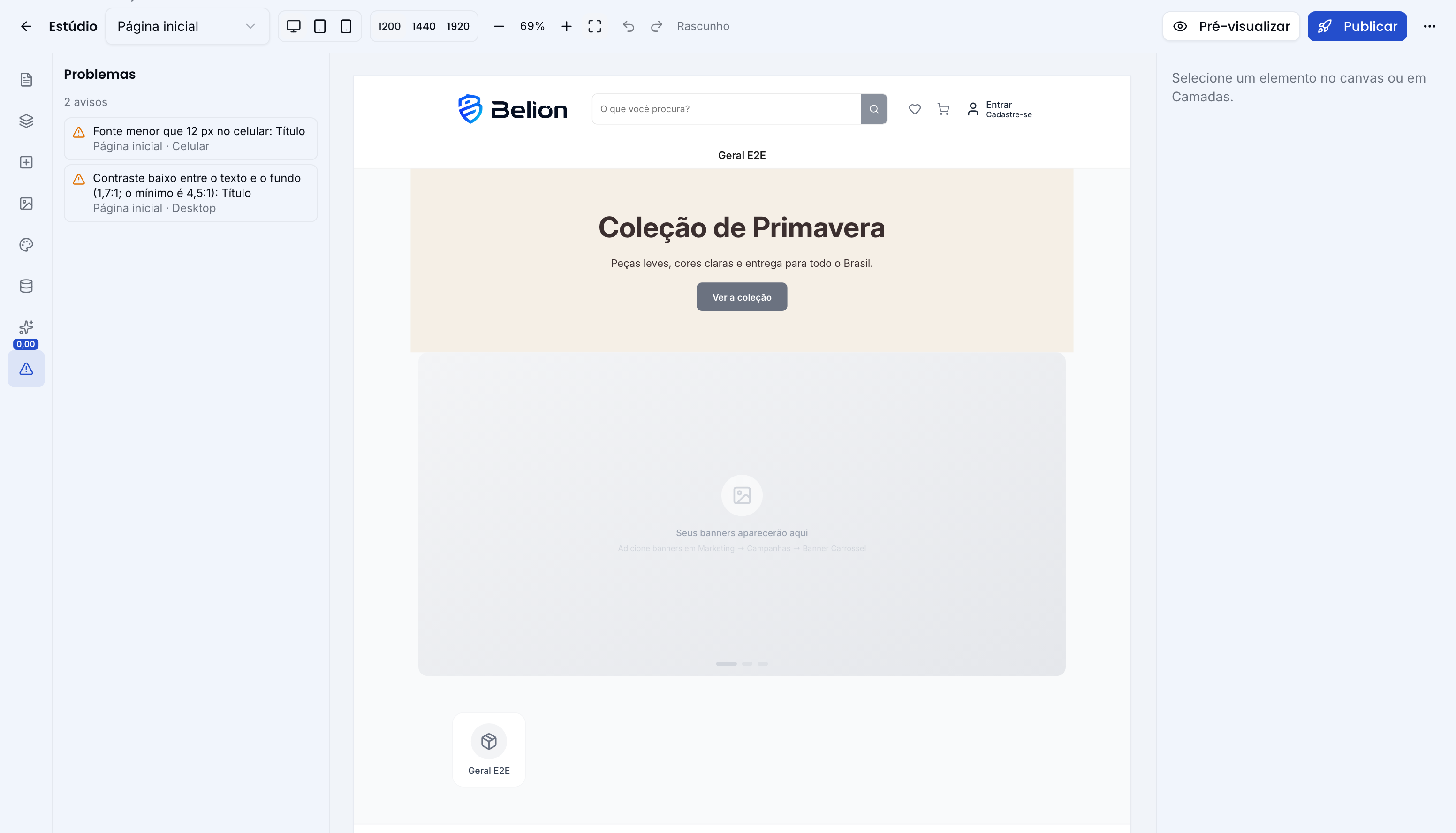 Painel de Problemas com avisos de contraste e de fonte pequena no celular