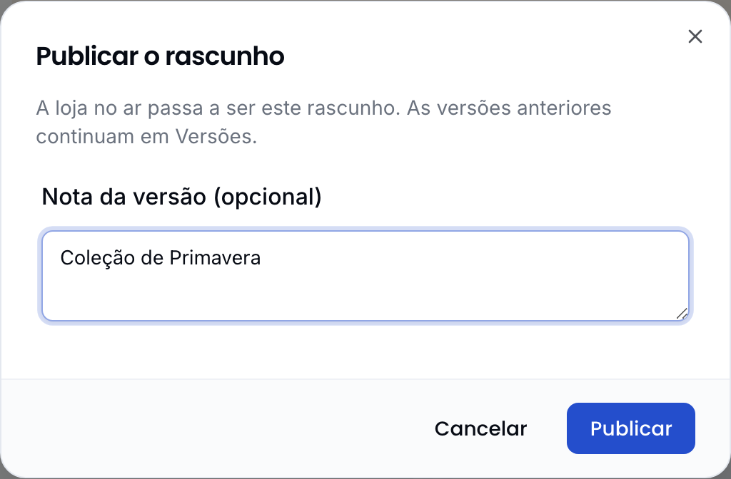 Diálogo de publicar, com a nota da versão