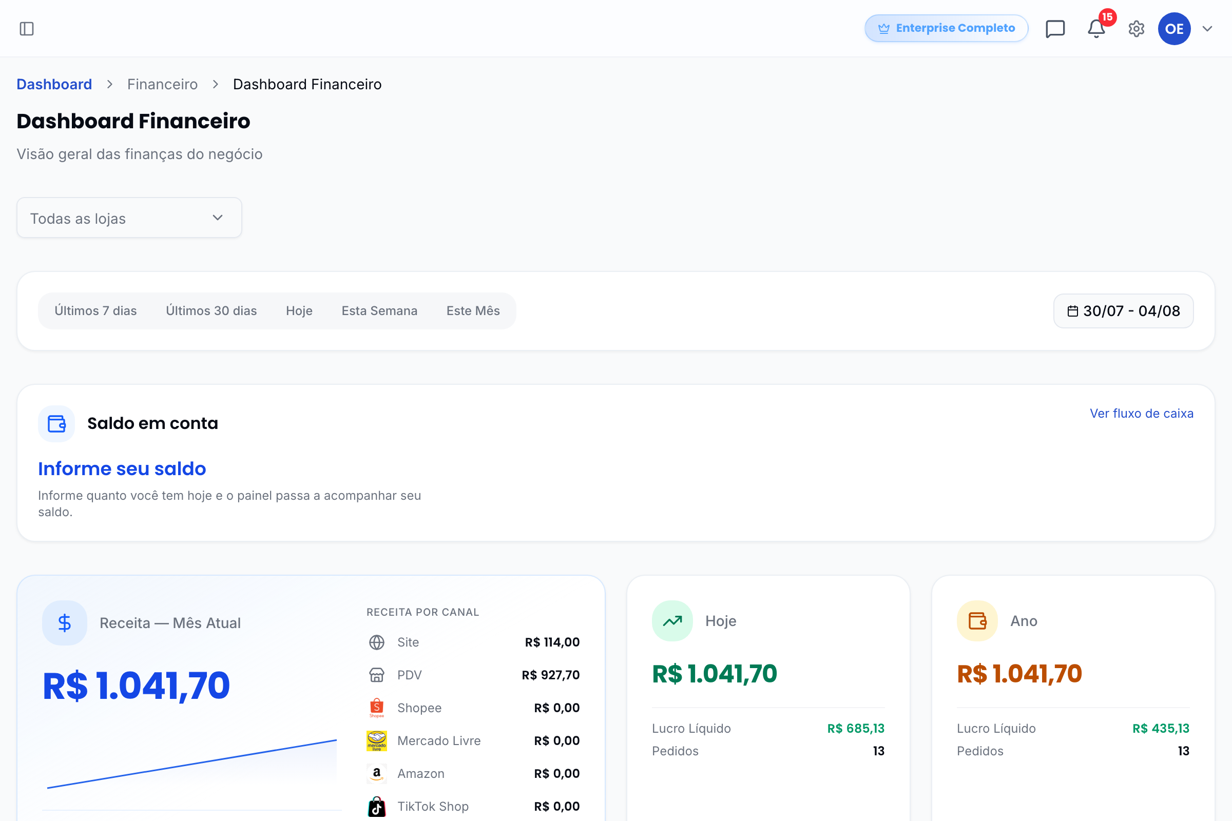 Dashboard Financeiro com receita do período e gasto do mês