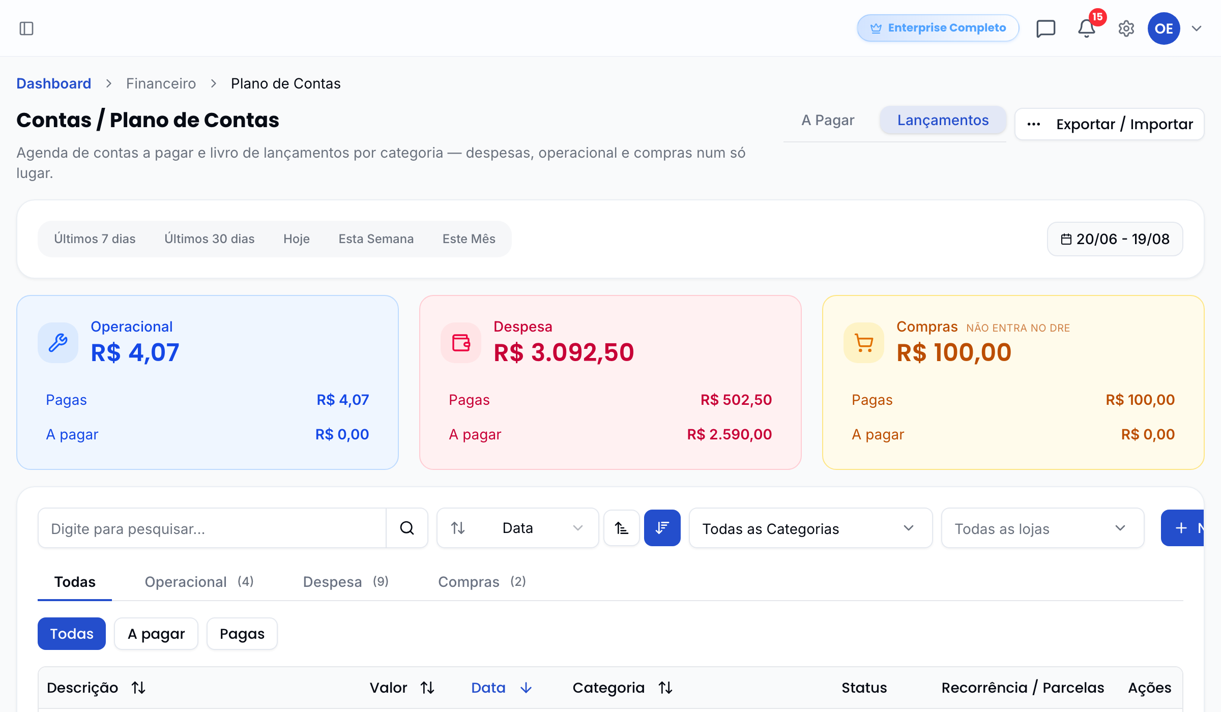 Visão Lançamentos com os blocos Operacional, Despesa e Compras