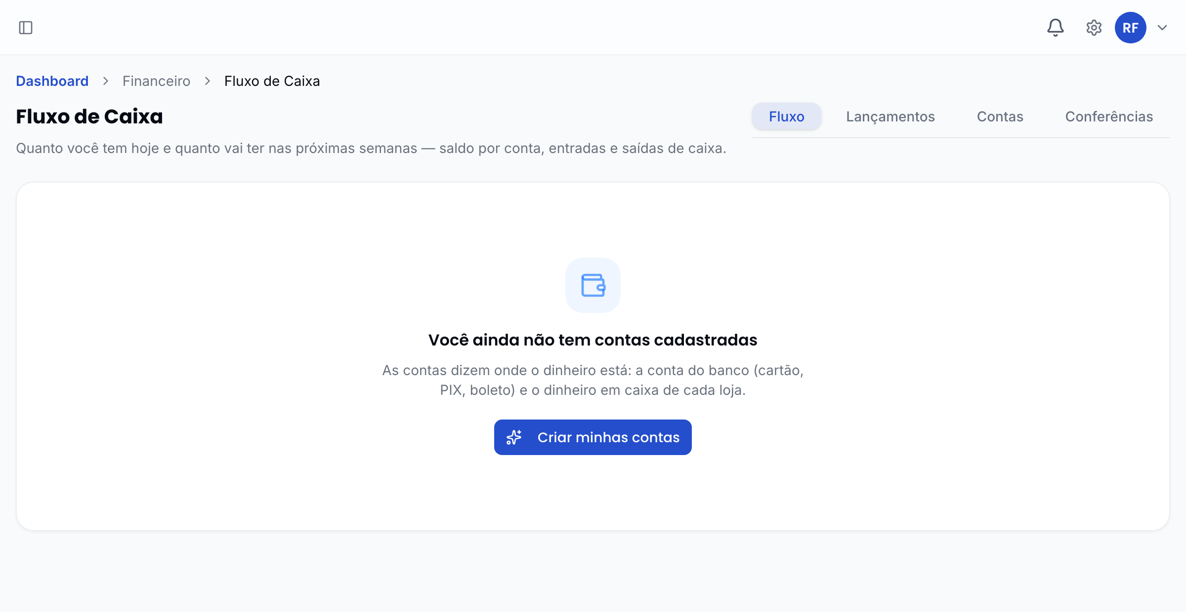 Tela do Fluxo de Caixa no primeiro acesso, com o botão "Criar minhas contas"