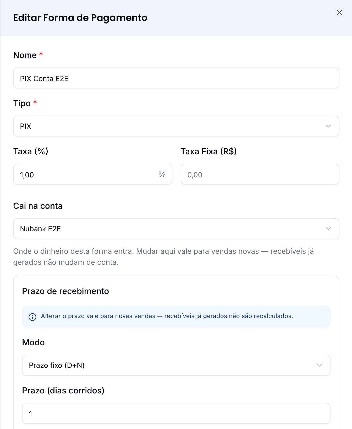 Formulário da forma de pagamento com o campo "Cai na conta"