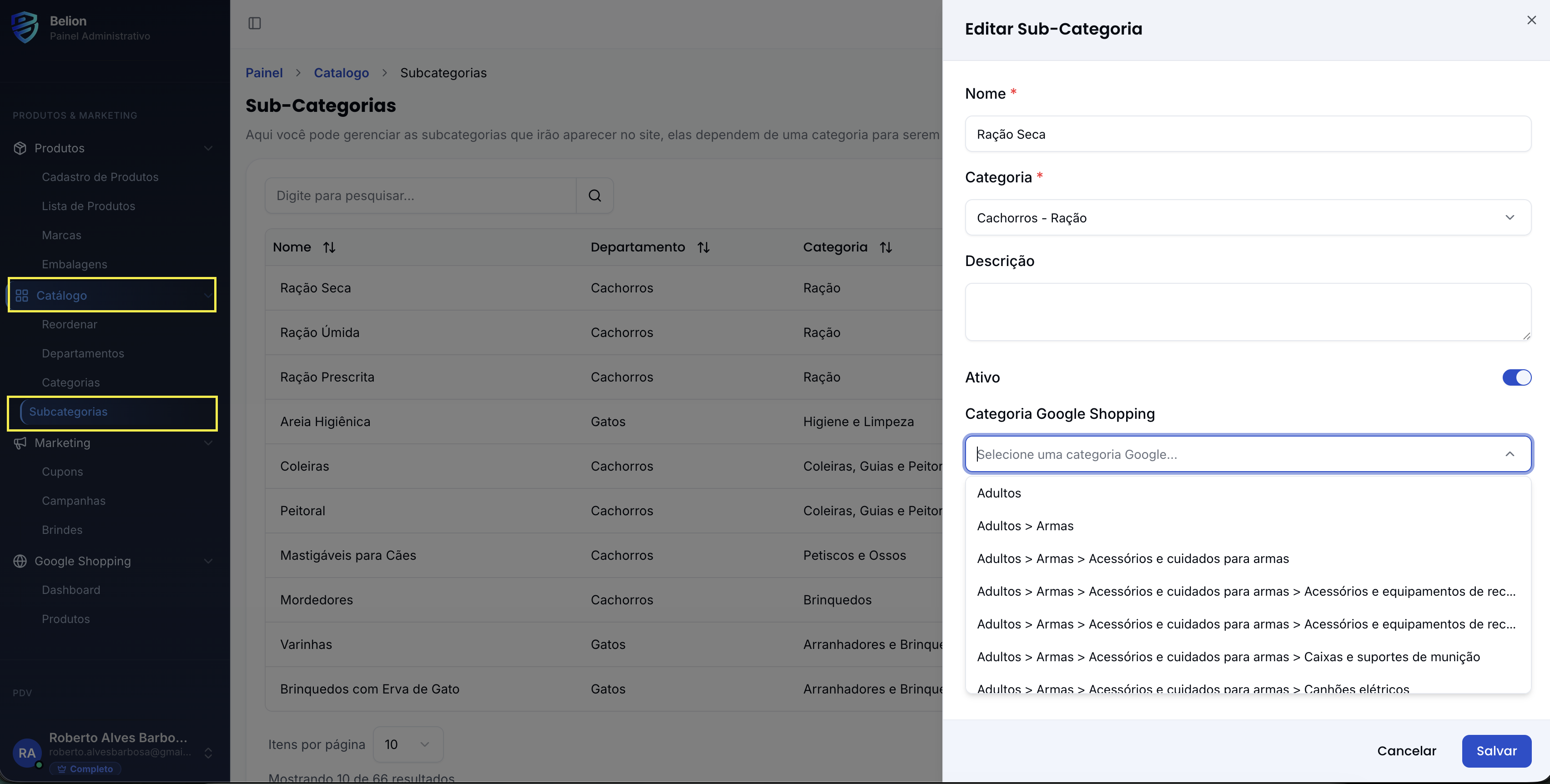 Campo "Categoria Google Shopping" no painel Editar Sub-Categoria, em Catálogo → Subcategorias