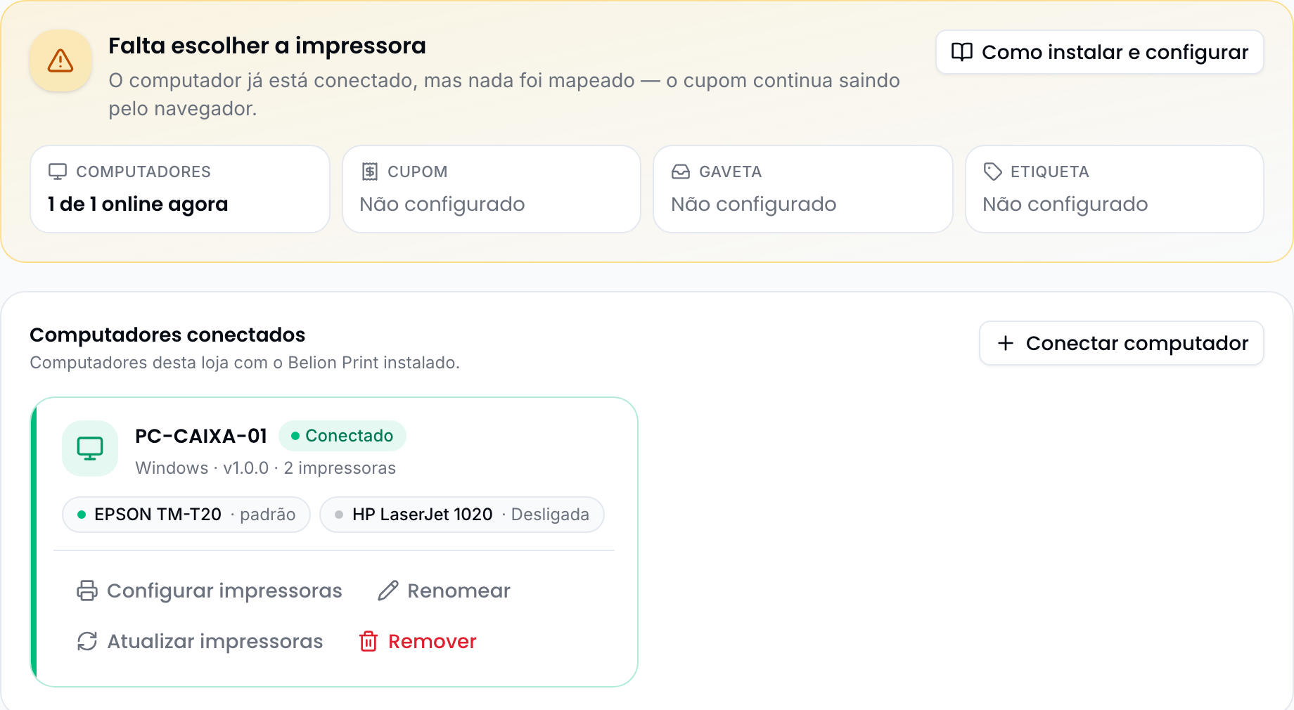 Painel de status amarelo e o cartão do computador conectado com as impressoras encontradas