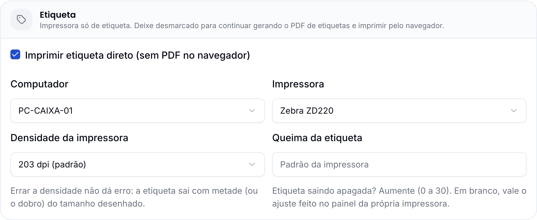 Cartão Etiqueta com a caixa Imprimir etiqueta direto marcada, a impressora Zebra e a densidade