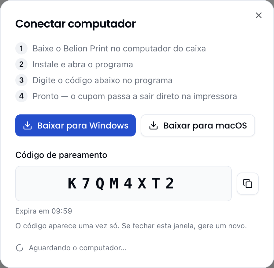 Janela de pareamento com o código de 8 letras, o contador de 10 minutos e os botões de download para Windows e macOS