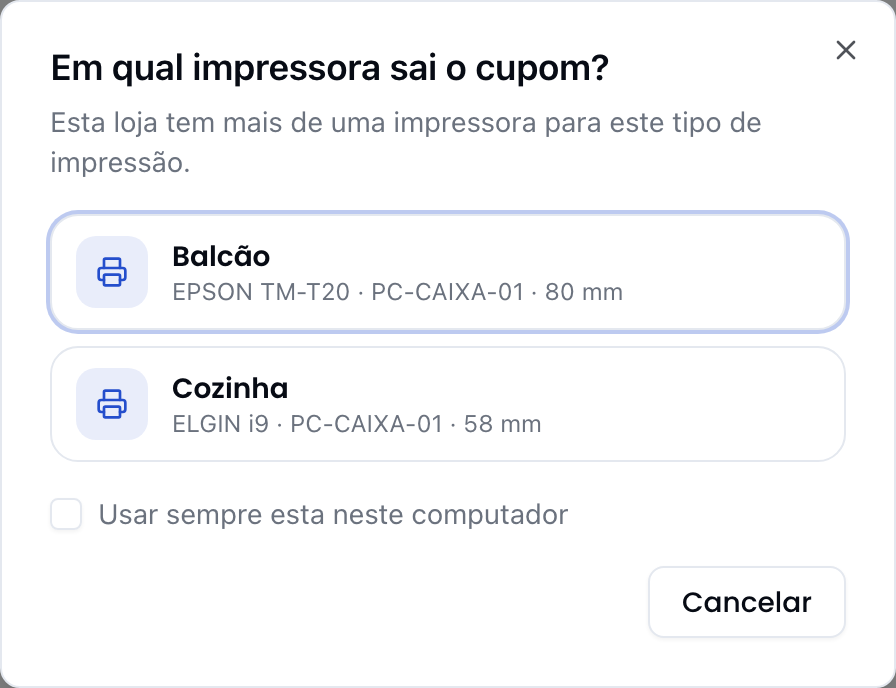 Janela perguntando em qual impressora sai o cupom, com as opções Balcão e Cozinha