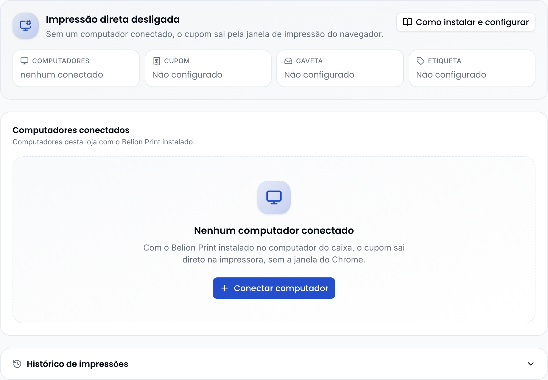 Seção Impressão da loja sem nenhum computador conectado, com o painel de status e o botão Conectar computador em destaque