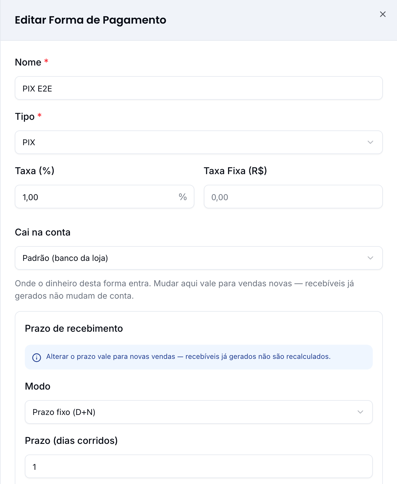 Sheet de edição da forma, com taxa, modo de repasse e prazo