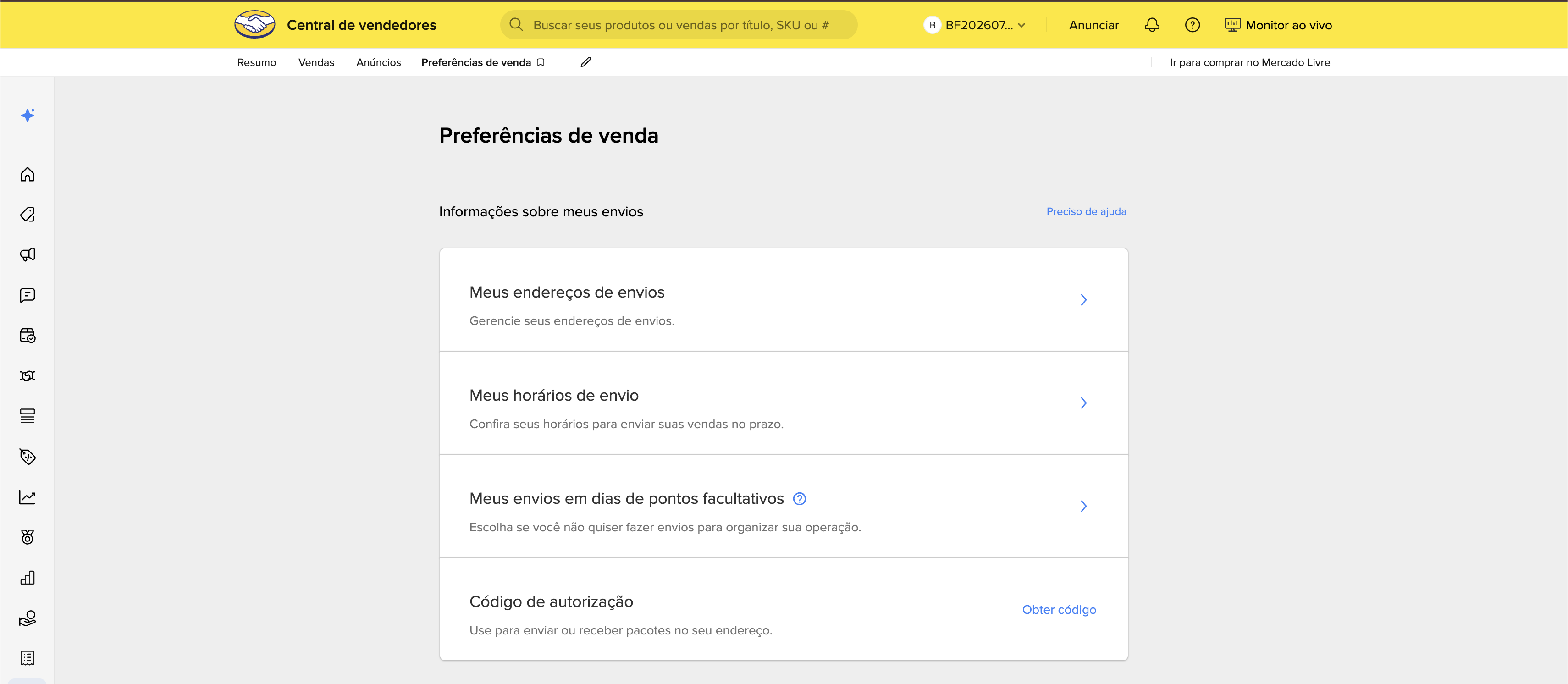 Tela de Preferências de venda da Central de vendedores do Mercado Livre, com o bloco "Informações sobre meus envios"