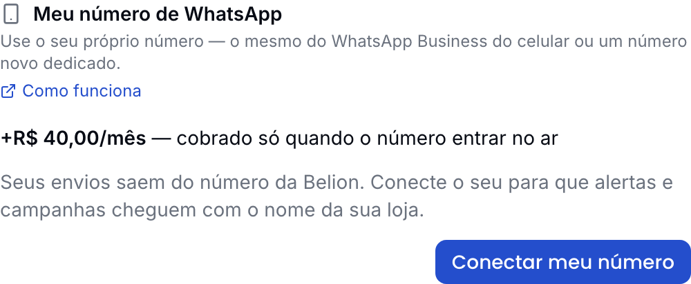Seção WhatsApp de Integrações com o degrau "Meu número de WhatsApp" recuado sob o cartão de Alertas, mostrando o preço do add-on e o botão Conectar meu número