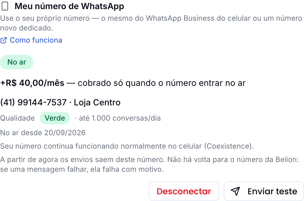 Degrau com o número no ar: telefone formatado, nome verificado, qualidade Verde e o limite de até 1.000 conversas por dia