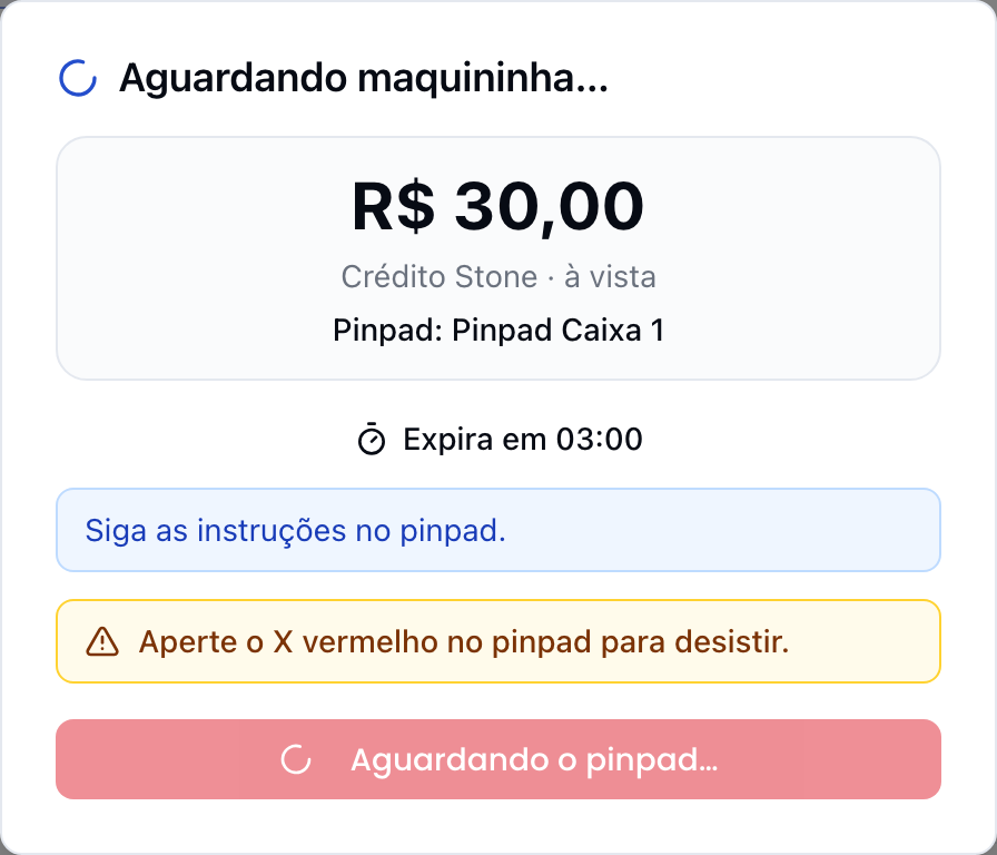 Janela da cobrança com a faixa Aperte o X vermelho no pinpad para desistir e o botão Aguardando o pinpad
