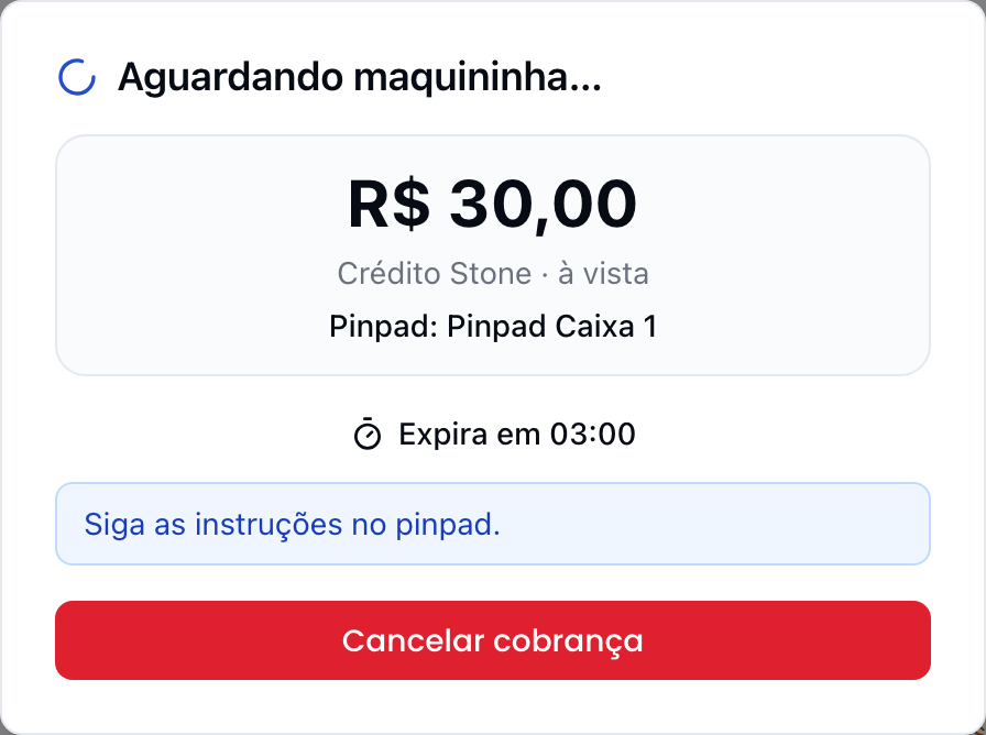 Janela Aguardando maquininha com o aviso Siga as instruções no pinpad, o apelido do pinpad e a contagem Expira em