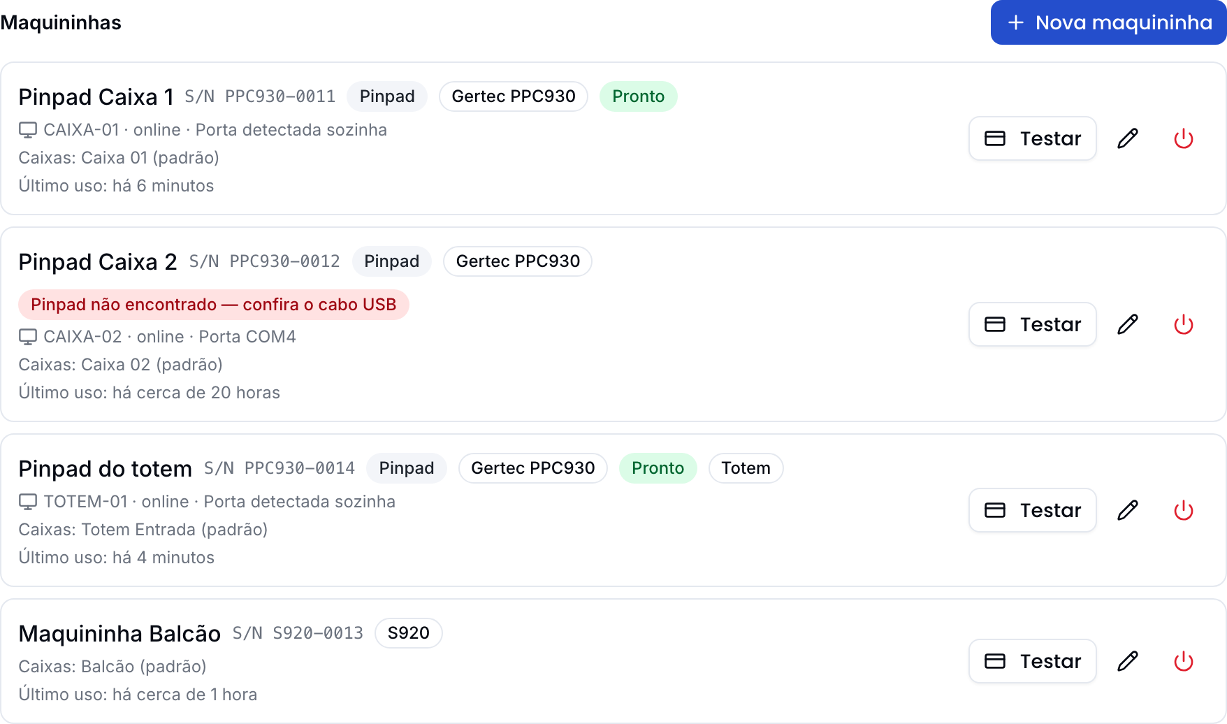 Lista de maquininhas com um pinpad Pronto, um pinpad com o cabo desconectado e uma maquininha Connect