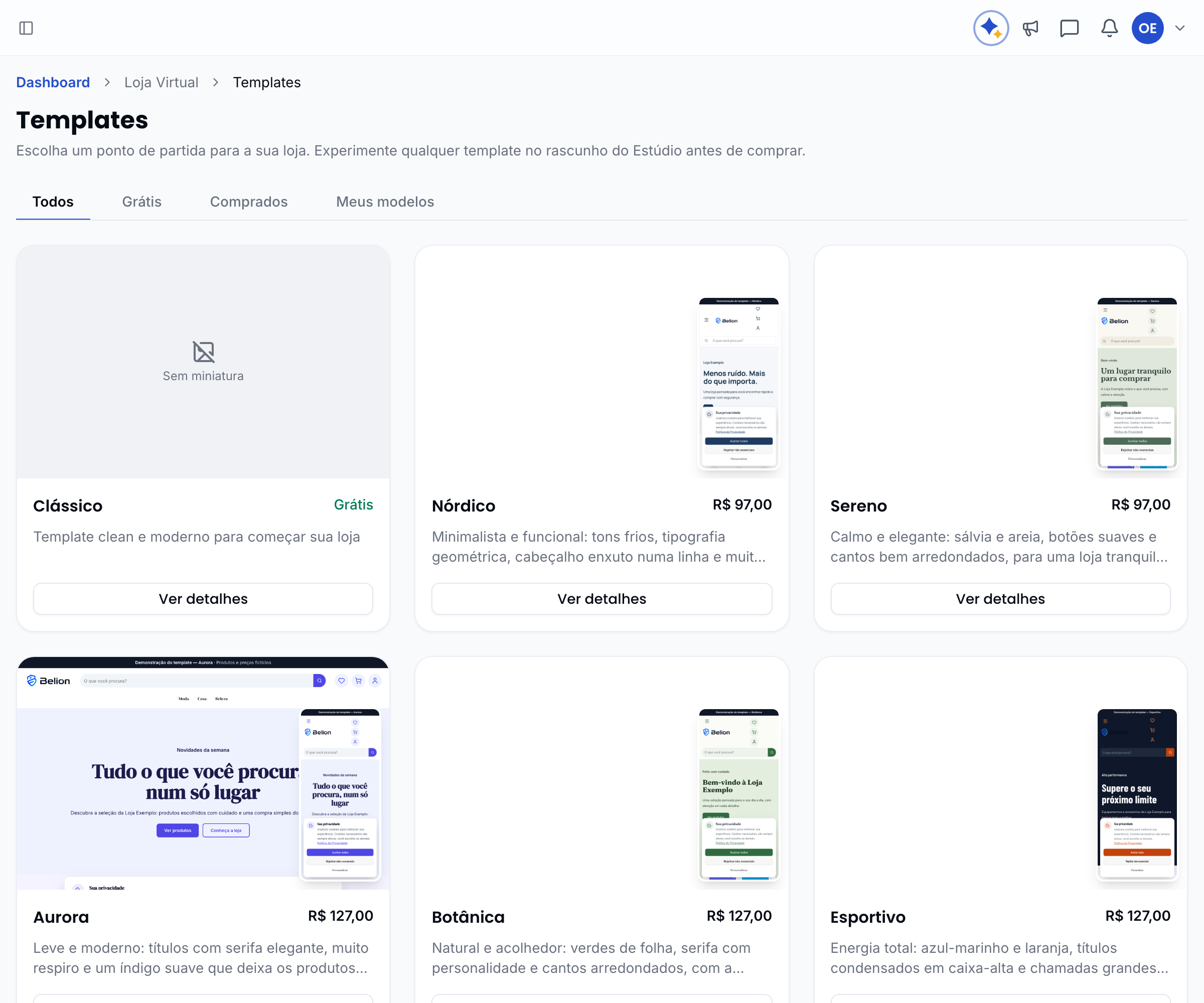 O catálogo de templates, com preço, selos e as abas Todos, Grátis, Comprados e Meus modelos
