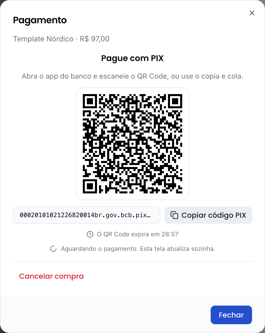 Pagamento por PIX com o QR Code, o copia e cola e o tempo restante