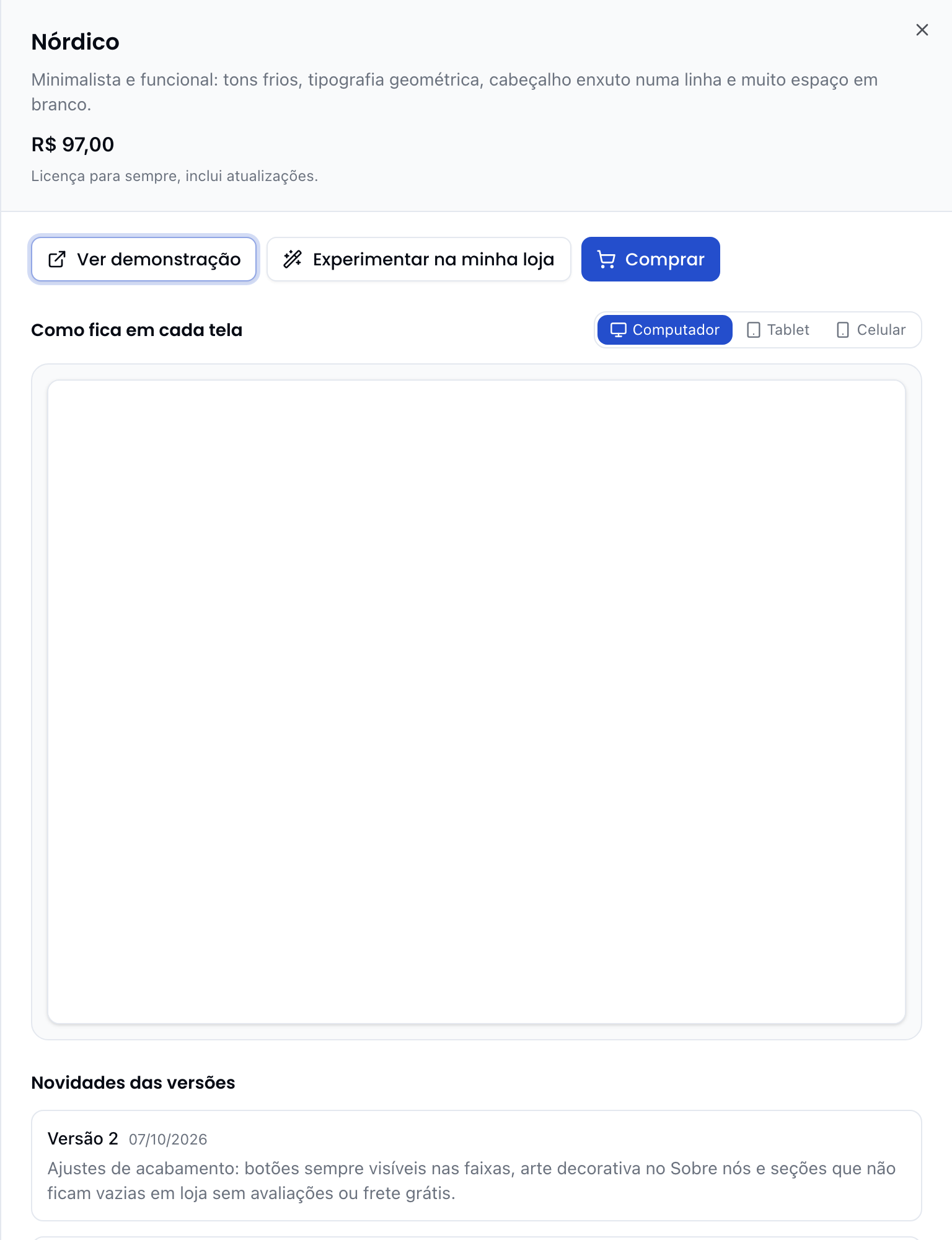 Detalhe do template: galeria por tela, demonstração e os botões Experimentar e Comprar