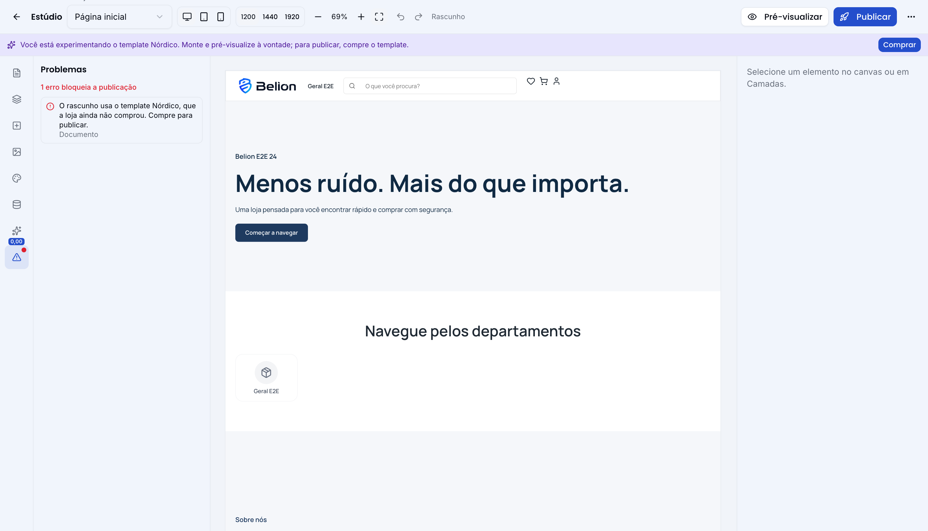Estúdio com a faixa do template em avaliação e o erro do template no painel de Problemas