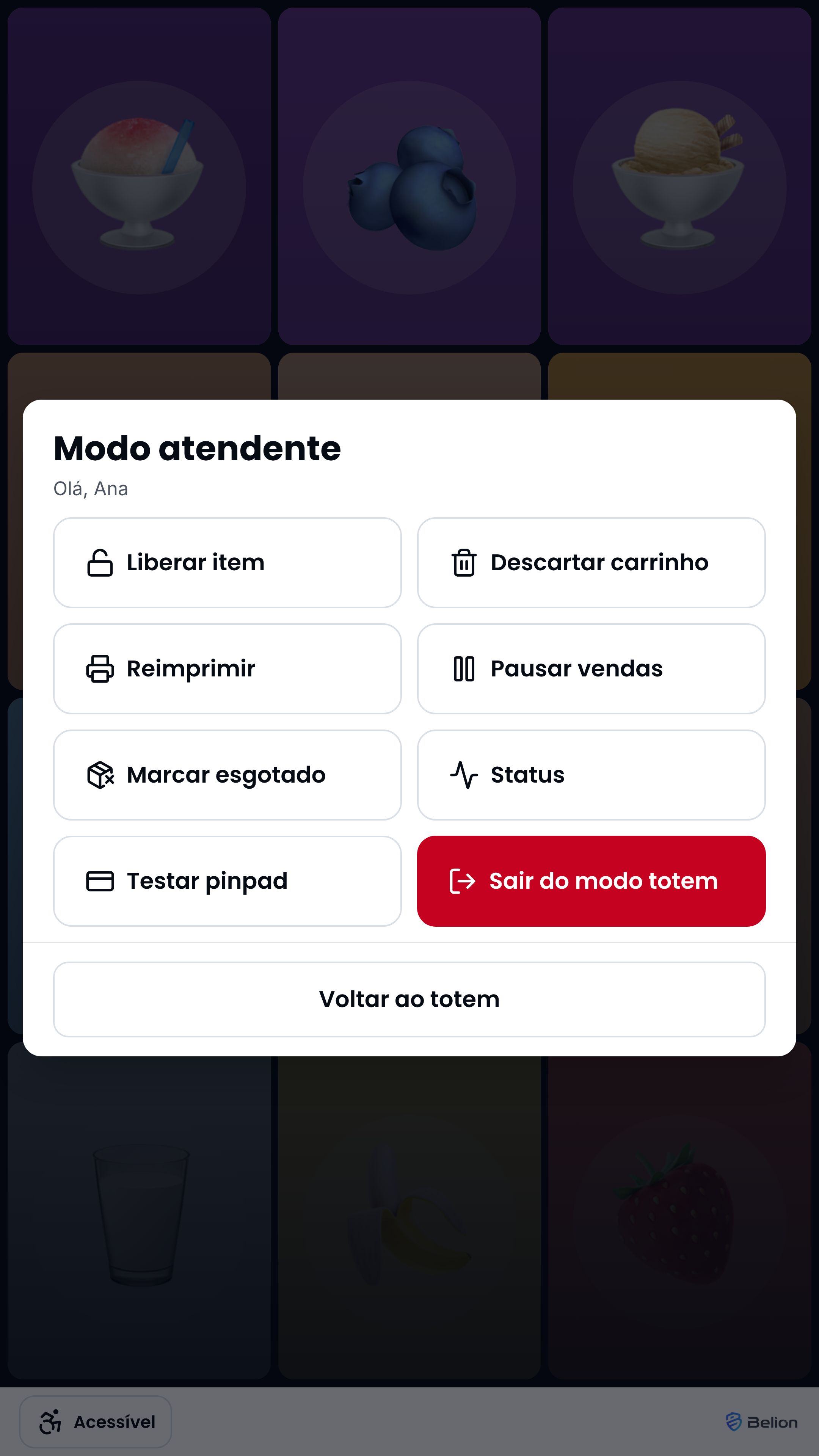 Modo atendente aberto no totem, com o menu da equipe