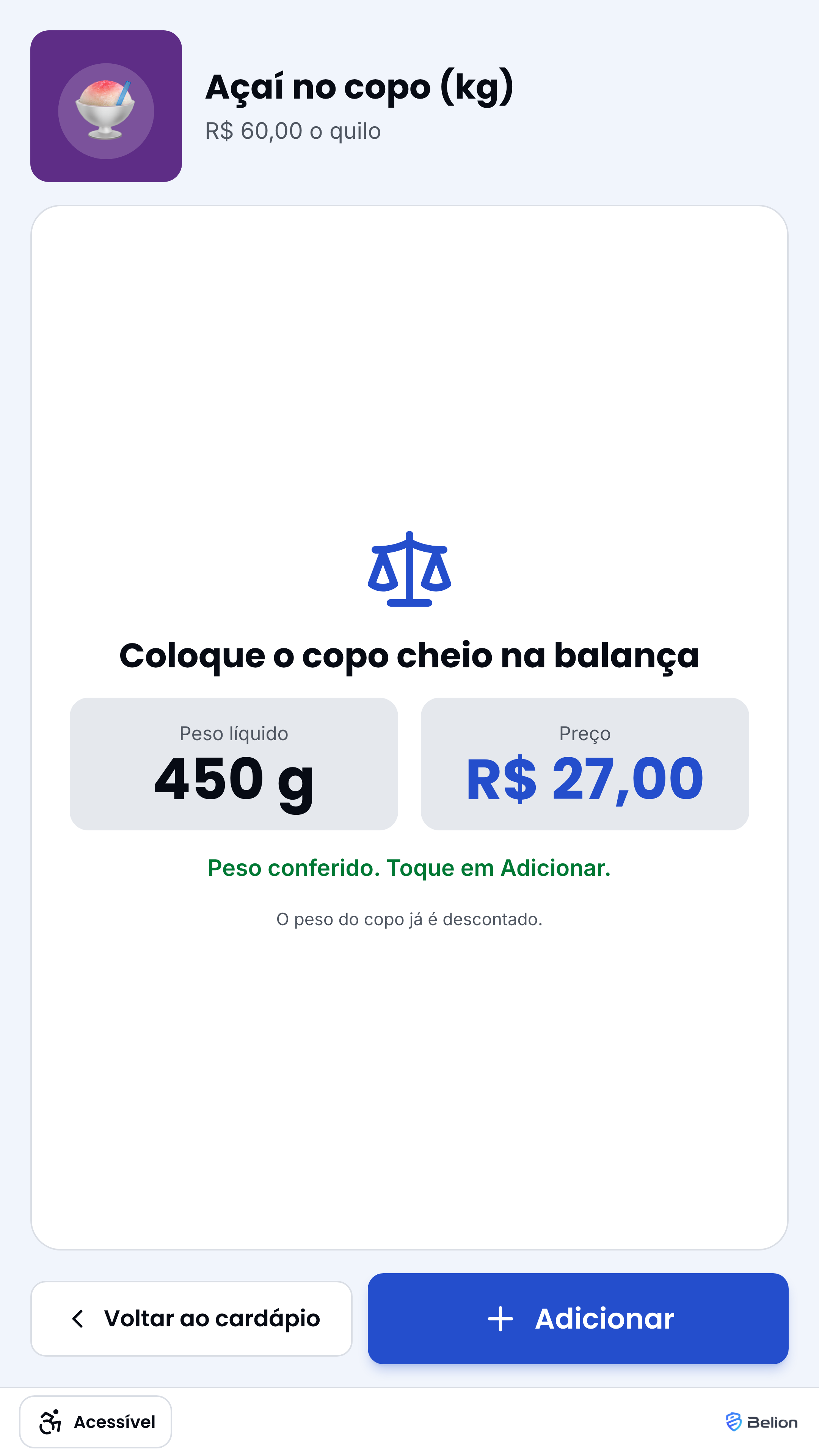 App do totem na balança, com o peso líquido, o preço e o botão Adicionar