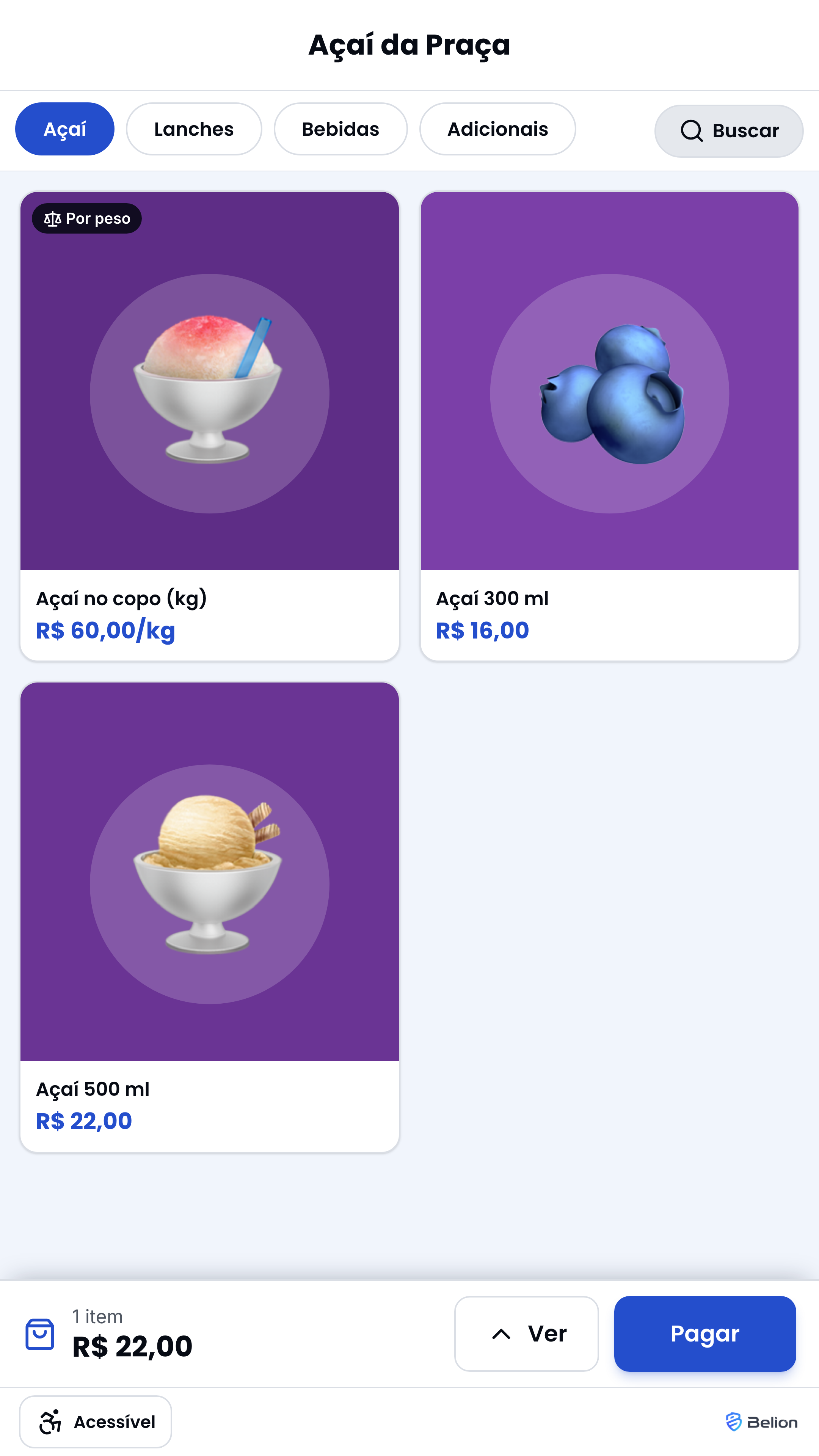 App do totem no cardápio, com as abas de categoria, as fotos e o pedido com um item