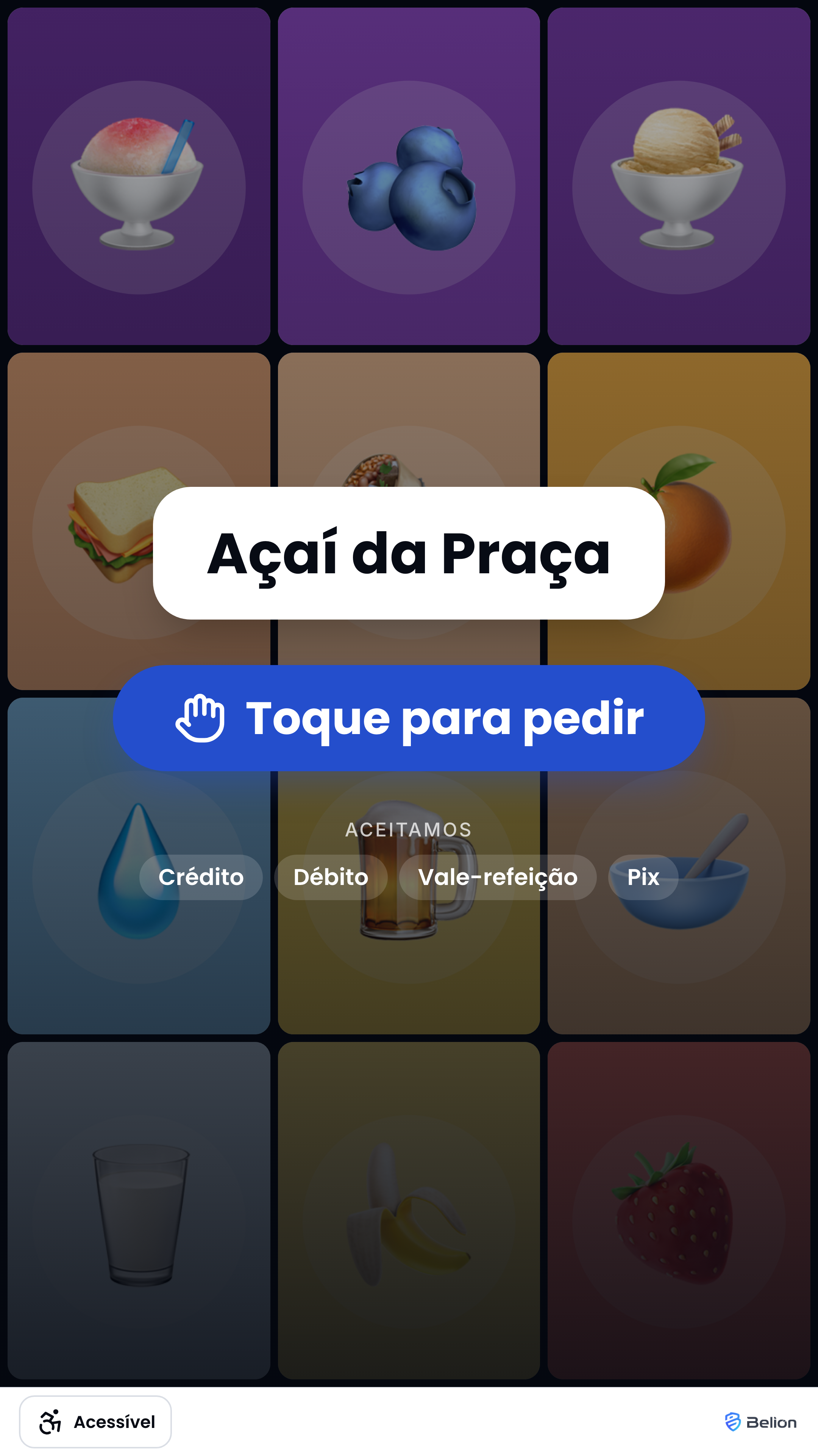 App do totem na tela inicial, com a logo da loja, as fotos do cardápio e o botão Toque para pedir