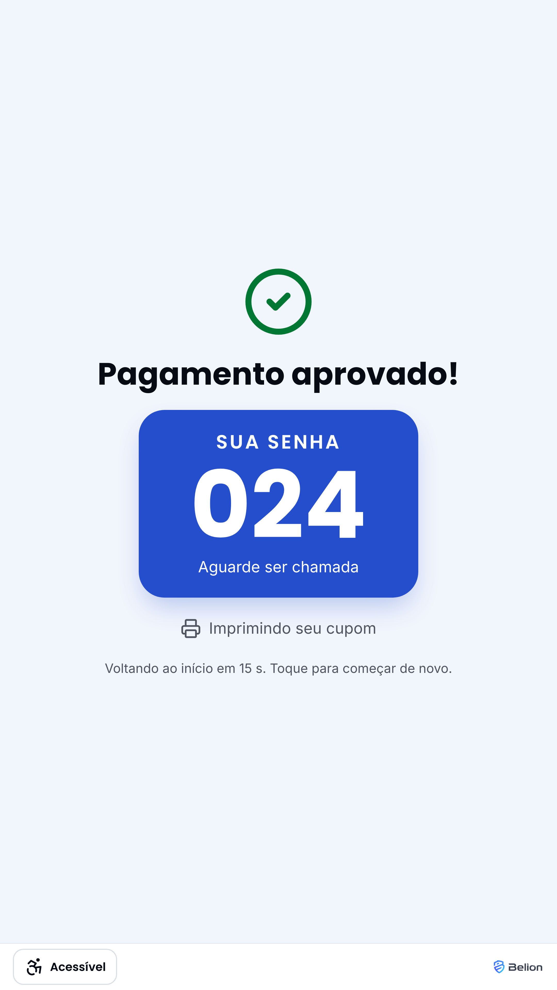 App do totem com o pagamento aprovado e a senha do pedido