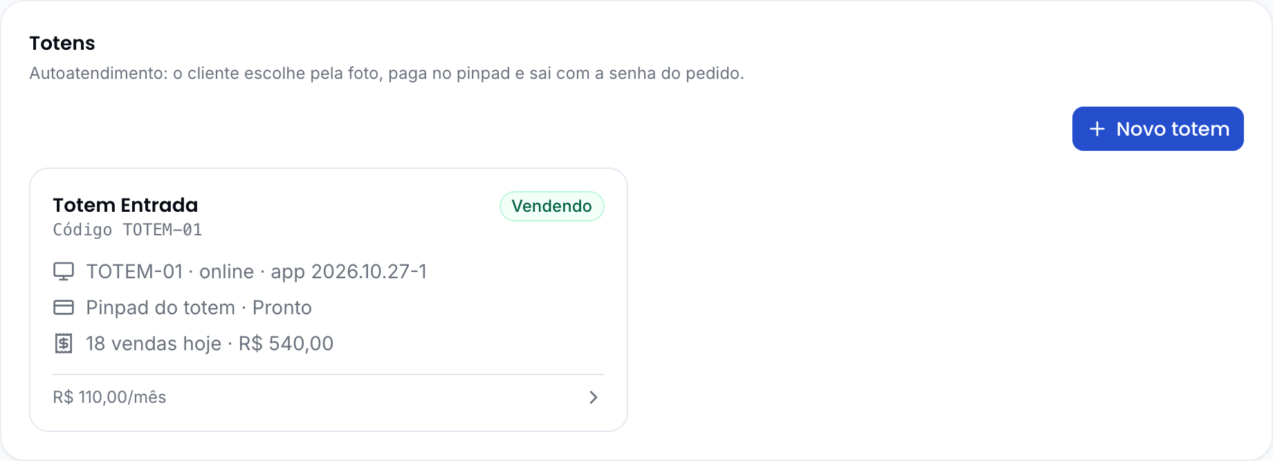Aba Totens da loja com o card de um totem vendendo, o computador, o pinpad e as vendas de hoje